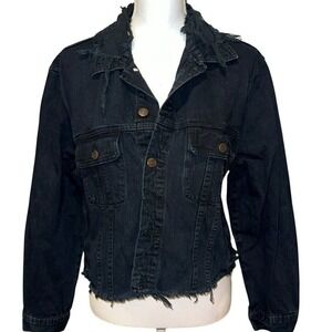 Distressed Cropped Demin Jacket Trendy Cropped Raw Bottom Deep‎ Black Size Large